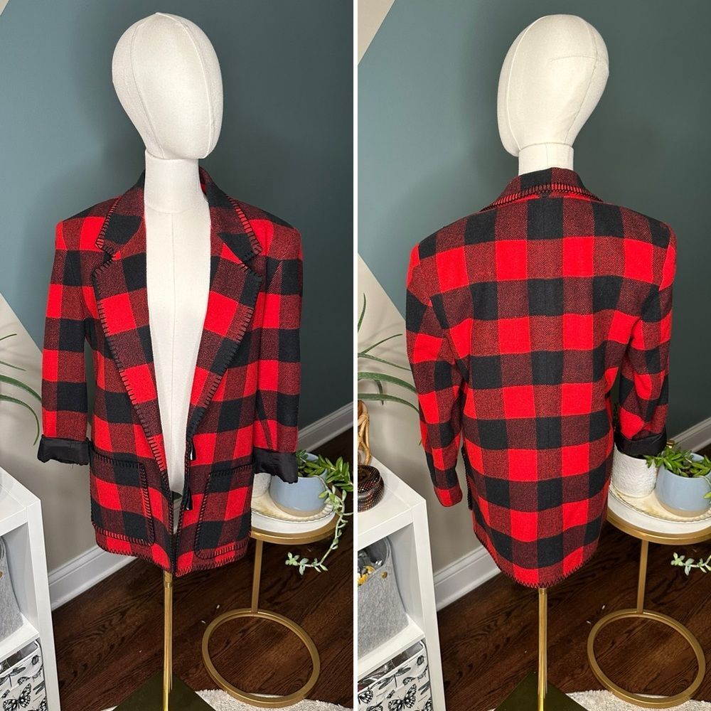 Vintage 90s Buffalo Plaid Wool Blend Skirt Suit Matching Set Ninety Made in USA - Picture 3 of 15